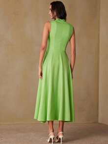 BELROSIE Fashionable French Design Sense Commuting Cinched Waist 3D Floral Sleeveless Dress - Green - View 2