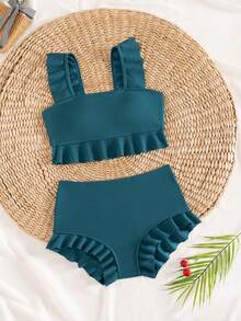 Swim Vcay Top de bikini con volantes, sin borde de cierre requerido - Verde Oscuro - Ver 5