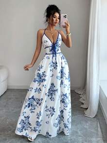 Selianne 女士度假风蓝白花朵深V领蝴蝶结吊带连衣裙 - 藍白色 - 查看 3