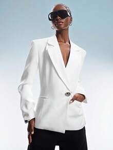 GENKIRA 白色露背女士西装外套，高端宽肩廓形，金属不对称搭扣极简解构风格女士西装外套 - 白色 - 查看 3