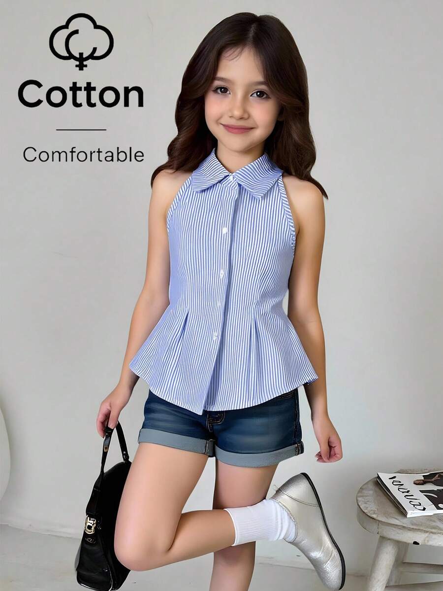 SHEIN 少女休闲度假优雅通勤上学翻领无袖褶皱编织蓝白条纹收腰A字纽扣衬衫上衣 - 藍色 - 查看 1