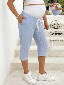 SHEIN Maternity Casual Adjustable Waist Striped Pants - Blue and White - View 1