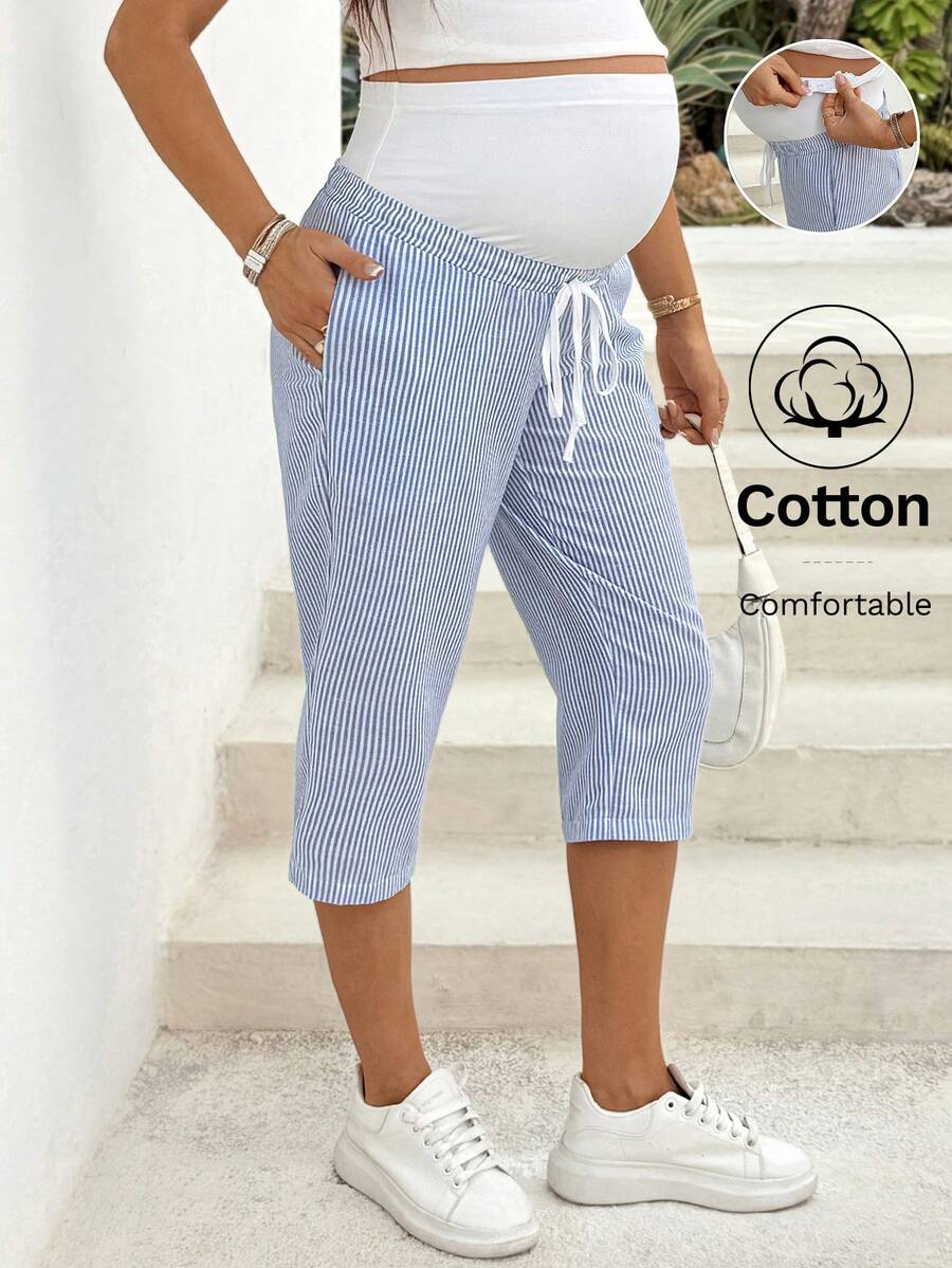 SHEIN Maternity Casual Adjustable Waist Striped Pants - Blue and White - View 1