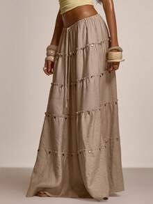 MUSERA 荷叶边层叠飘逸系腰长裙，可爱春夏性感海滩度假蜜月装 - 灰色 - 查看 3