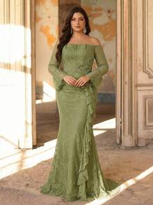 Aureia 大码优雅奢华酒红色露肩蕾丝拼接荷叶边薄纱袖珠饰贴花不对称荷叶边下摆美人鱼式正式礼服（华丽装饰设计），适合所有正式场合和晚宴 - 綠色 - 查看 8