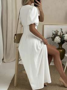 EMERY ROSE 女士休闲通勤纯色收腰前开襟纽扣长连衣裙 - 白色 - 查看 2