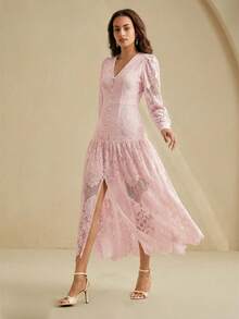 Anewsta Đầm nữ tay dài cổ chữ V khoét ren, phong cách nghỉ dưỡng biển vintage mùa xuân mới. - Màu Hồng baby - Xem 3