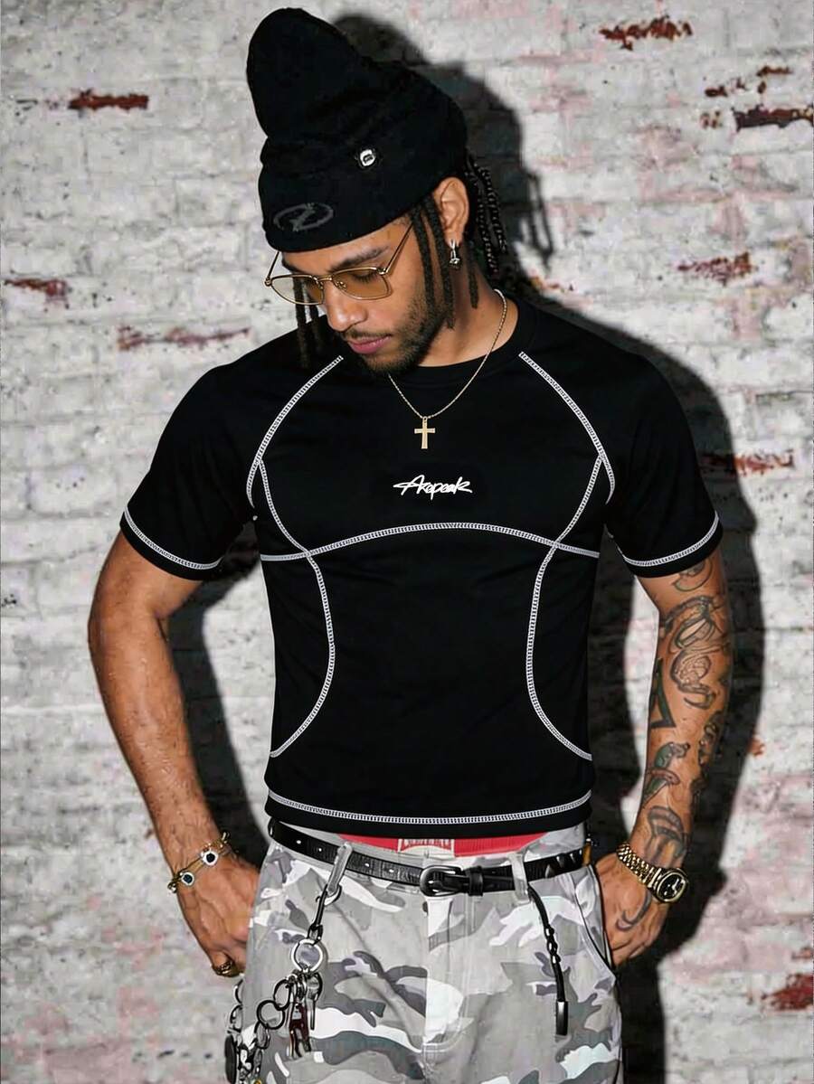 AXEPEAK Camiseta de manga corta slim fit con cuello redondo y estampado de letras para hombre - Negro - Ver 1