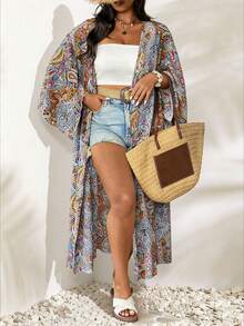 Vionelle Boho Plus Size Long Sleeve Open Front Coat Multicolor Random Print Woven Fabric With Split Sleeves - Multicolor - View 1