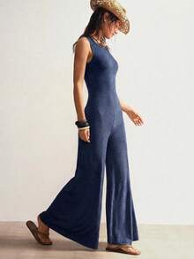 Bohemela Solid Color Knit Backless Sleeveless Wide Leg Jumpsuit For Women Bohemian Outfits Women Summer - Dusty Blue - View 4