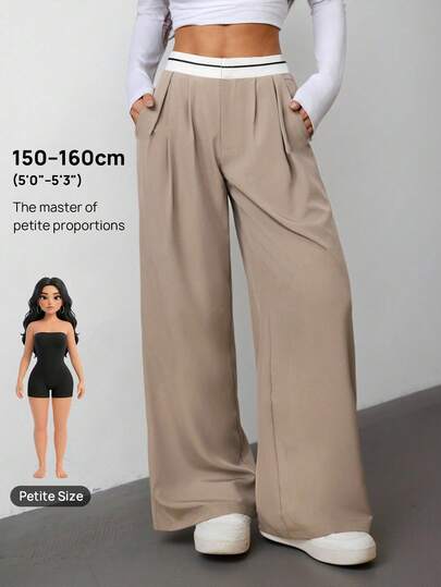 SHEIN PETITE Women's Waistband Stitching Khaki Casual Elegant Women's Suit Pants