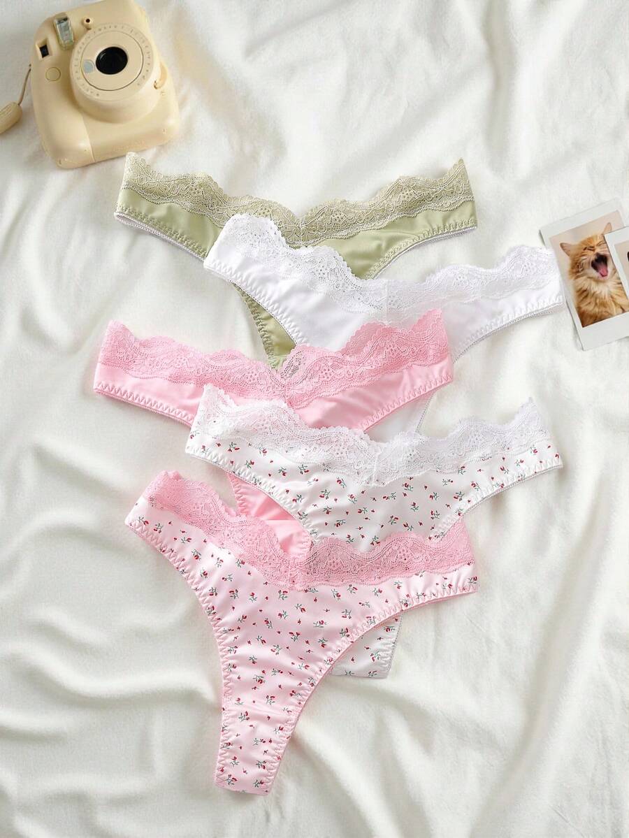 Lowkey Lull 5pcs Textured Lace Women's Thong Panties, INS Casual Y2K Easy Comfort Chic, Autumn - Multicolor - View 1