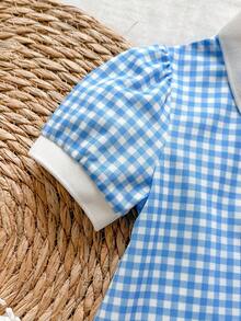 SHEIN Vintaside Kids 1 chiếc đầm ngắn tay kẻ caro cổ polo in hình cầu vồng dáng suông cho bé gái - Màu xanh lam - Xem 7