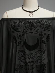 ROMWE Asymmetrical Hem Fringed Off Shoulder Sheer Blouse, Plus Size Boho Goth Dark Forest Festival Outfits For Women - Black - View 6