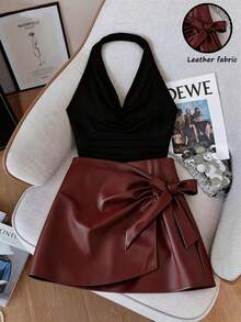 Franclia 夏季新款针织性感露脐吊带上衣 + 独特系带紧身迷你裙套装 - 彩色 - 查看 1