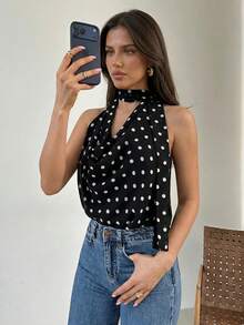 Firerie 复古波点荷叶边领无袖衬衫，黑色波点衬衫，荷叶边领女式衬衫，浪漫女式衬衫，露背衬衫，春夏秋季服装，优雅，通勤，约会，派对，婚礼季，毕业典礼，舞会，演出，音乐会，工作装，返校季，女士生日，节日装扮，舒适，正式场合 - 黑色 - 查看 1