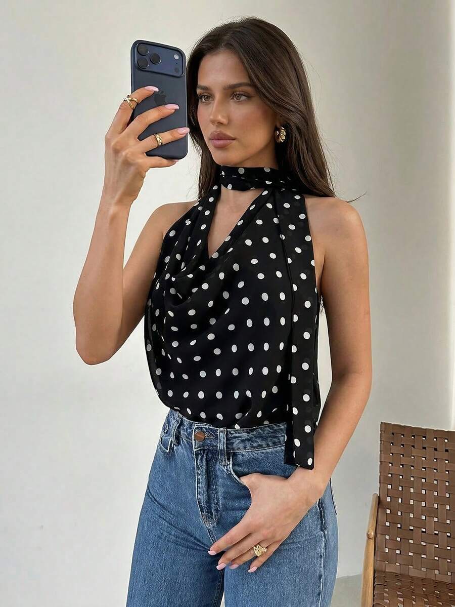 Firerie 复古波点荷叶边领无袖衬衫，黑色波点衬衫，荷叶边领女式衬衫，浪漫女式衬衫，露背衬衫，春夏秋季服装，优雅，通勤，约会，派对，婚礼季，毕业典礼，舞会，演出，音乐会，工作装，返校季，女士生日，节日装扮，舒适，正式场合 - 黑色 - 查看 1