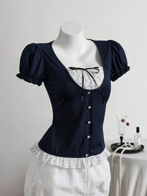 Elamini Áo thun ngắn tay màu đen kiểu cổ điển, vai thường, thích hợp cho mùa xuân/hè, áo mùa hè, quần áo mùa hè, kỳ nghỉ, mùa hè, áo gợi cảm, chấm bi.