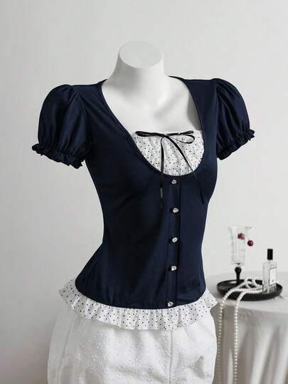 Elamini Black Vintage-Style Regular Shoulder Short Sleeve T-Shirt, Spring/Summer