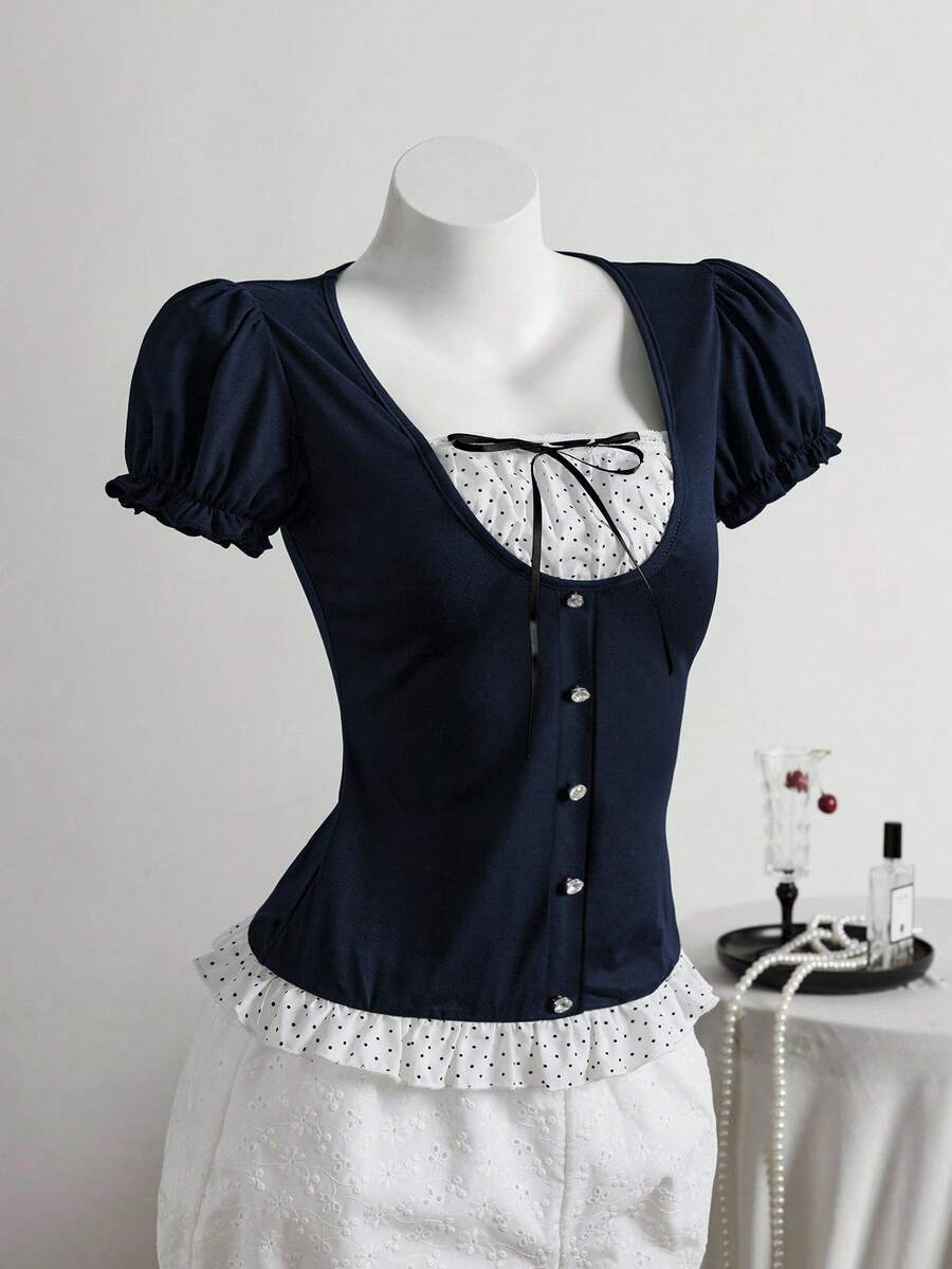 Elamini Áo thun ngắn tay màu đen kiểu cổ điển, vai thường, thích hợp cho mùa xuân/hè, áo mùa hè, quần áo mùa hè, kỳ nghỉ, mùa hè, áo gợi cảm, chấm bi. - Màu xanh hải quân - Xem 1