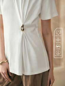 Arave 女士针织扭结金属扣圆领休闲简约短袖白色上衣 - 白色 - 查看 2