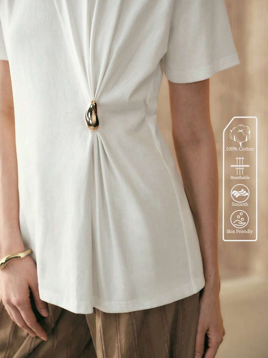 Aveloria Modichic 女士100%纯棉面料修身腰部金属扣褶皱设计简约法式优雅办公室着装白色上衣夏季女装白色上衣女士白色上衣女士上衣和衬衫女士办公室工作服 - 白色 - 查看 1