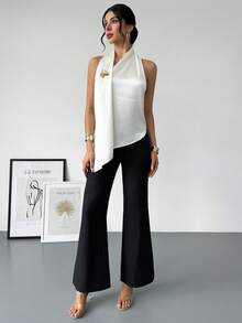 Rafferiza Elegant Sexy Metal Decor Backless Halter Neck Blouse For Summer Golf White - Beige - View 3