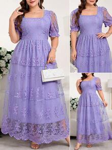 Reflora 大码女式蕾丝荷叶边优雅收腰派对连衣裙 - 紫色 - 查看 2