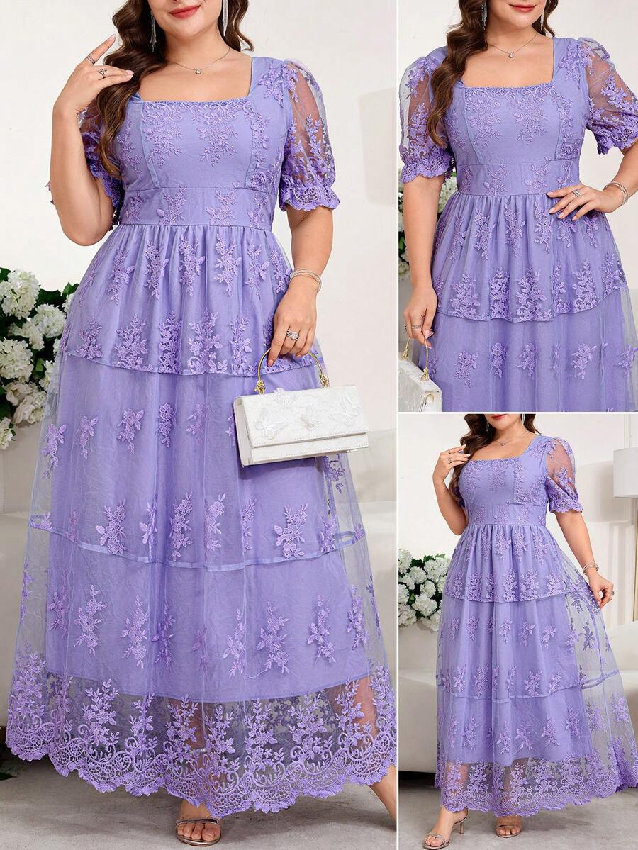 Reflora 大码女式蕾丝荷叶边优雅收腰派对连衣裙