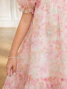 SHEIN Tween Girl Loose Cute Collared Floral Organza Short Sleeve A-Line Dress Tween Girl - Multicolor - View 5