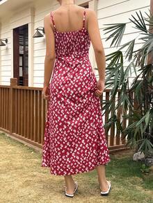 Livesso Red Lace & Floral Patchwork Waist Midi Dress, Suitable For Beach Party & Holiday Summer Sundress Boho Vacation Outfits Women - Red - View 2