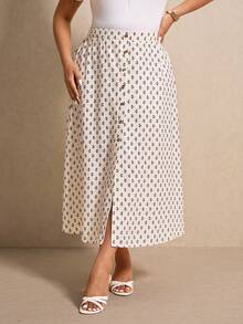 Elaquor Plus Size Casual Ditsy Floral Button Front Skirt - Multicolor - View 3