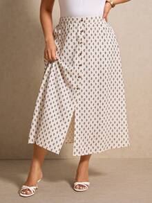 Elaquor Plus Size Casual Ditsy Floral Button Front Skirt - Multicolor - View 7