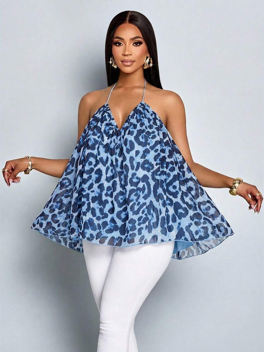 SOLERSUN Women's Elegant Blue Leopard Print Halter Deep V Neck Flowy Drape Pleated Mesh Layered Camisole Tank Top For Summer,Casual,Vacation,Holiday,Party - Baby Blue - View 1