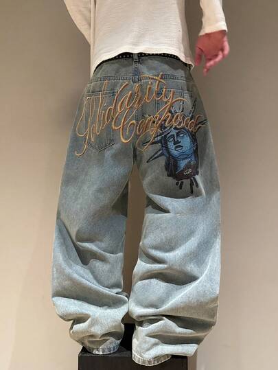 STEELVANCE Men Vintage Streetwear Fashion Versatile Distressed Rivet Design Statue Of Liberty Letter Print Loose Wide Leg Casual Jeans
