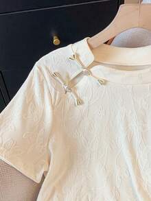GlowEve Apricot Sheer Jacquard Mandarin Collar Chinese Style Blouse For Women - Apricot - View 3