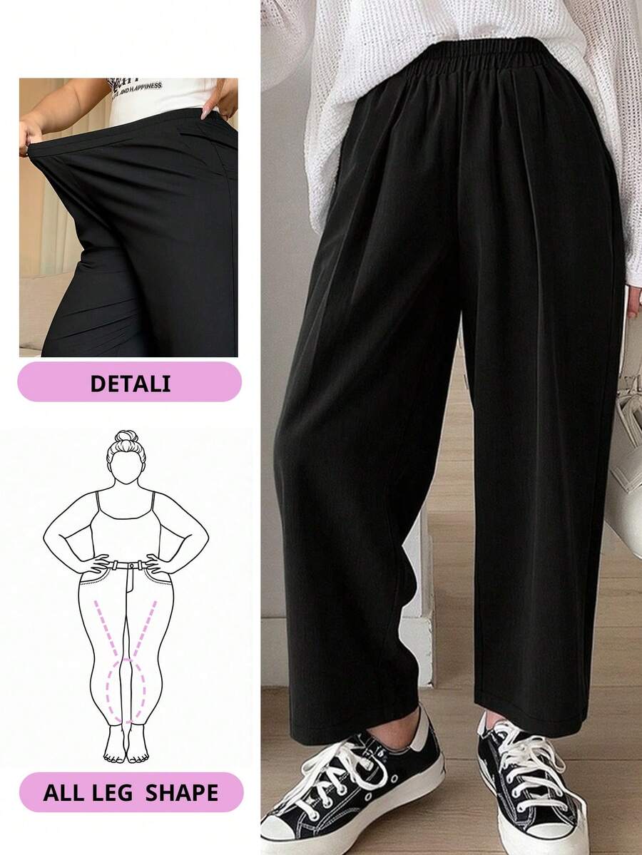 Dazy Petite Plus Elastic Waist Loose Harem Solid Color Casual Long Pants, All Season Fall - Black - View 1