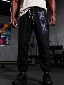 GymBeat 男士印花抽绳腰宽松锥形运动裤 - 黑色 - 查看 1