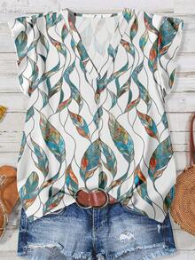 Rusticease Casual Minimalist Green Abstract Stained Glass Feather Print Pattern Women Shirt, Suitable For Summer - Multicolor - View 3
