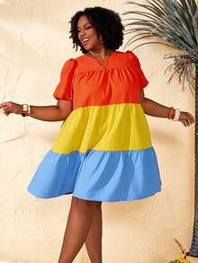 BrightlyHer Robe courte casual à manches bouffantes et blocs de couleurs pour femmes grandes tailles, printemps - Multicolore - Voir 3