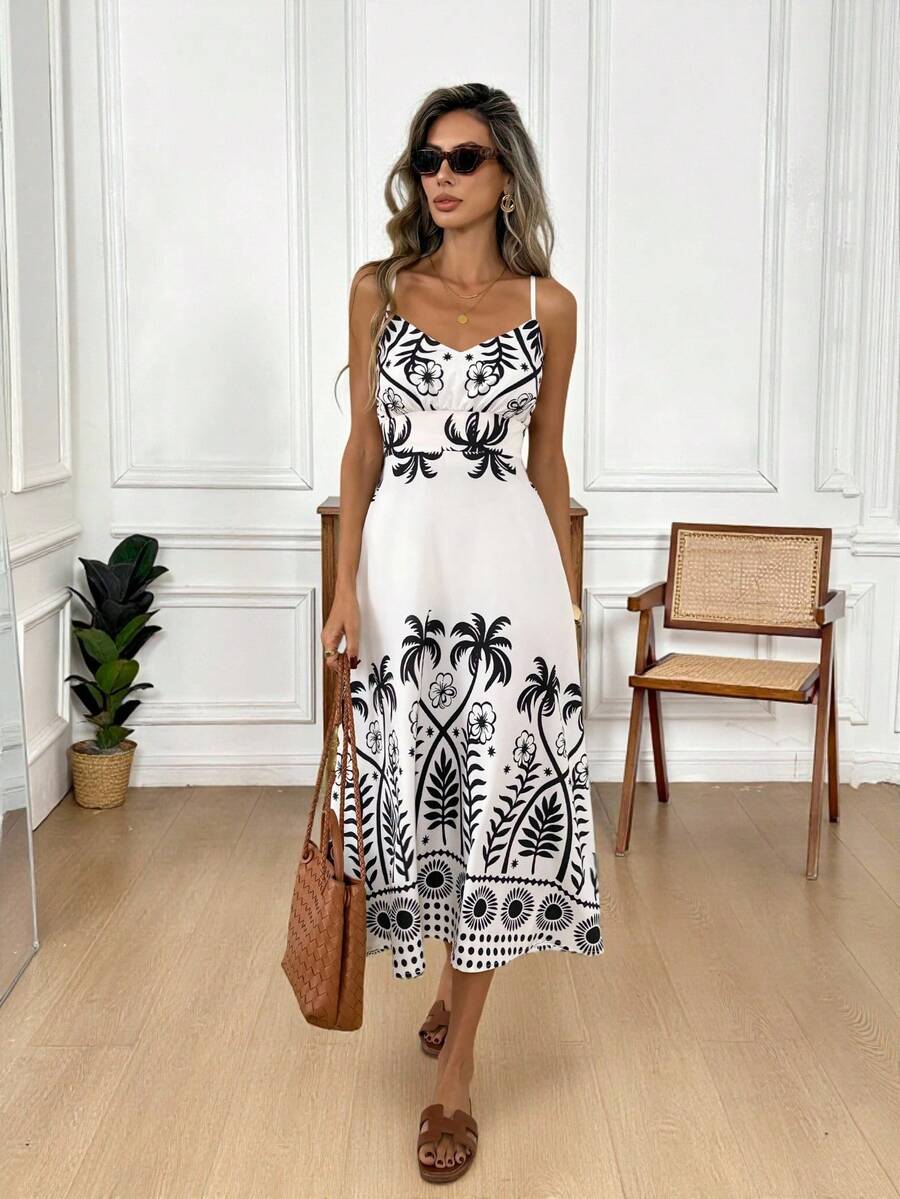 Easowa Women's Casual Vacation Plant Print Spaghetti Strap Mid-Length Dress Chic Women's Black And White Midi Dress Spaghetti Strap Floral Palm Pattern For Summer Casual Bohemian Style Women's Midi Dress With Unique Botanical Print V-Neck Sleeveless A-Line Silhouette Women Vacation Dress Women Summer Dress Tropical Print Dress Women's Midi Dress Summer Dress Spring Dress Women Easter Dress Women Beach Dress Summer Holiday Outfits Vacation Dress Boho Summer Dress W Boho Summer Dress Women Sun Dress Lo Beach Dresses Vacation Outfits Women - Multicolor - View 1