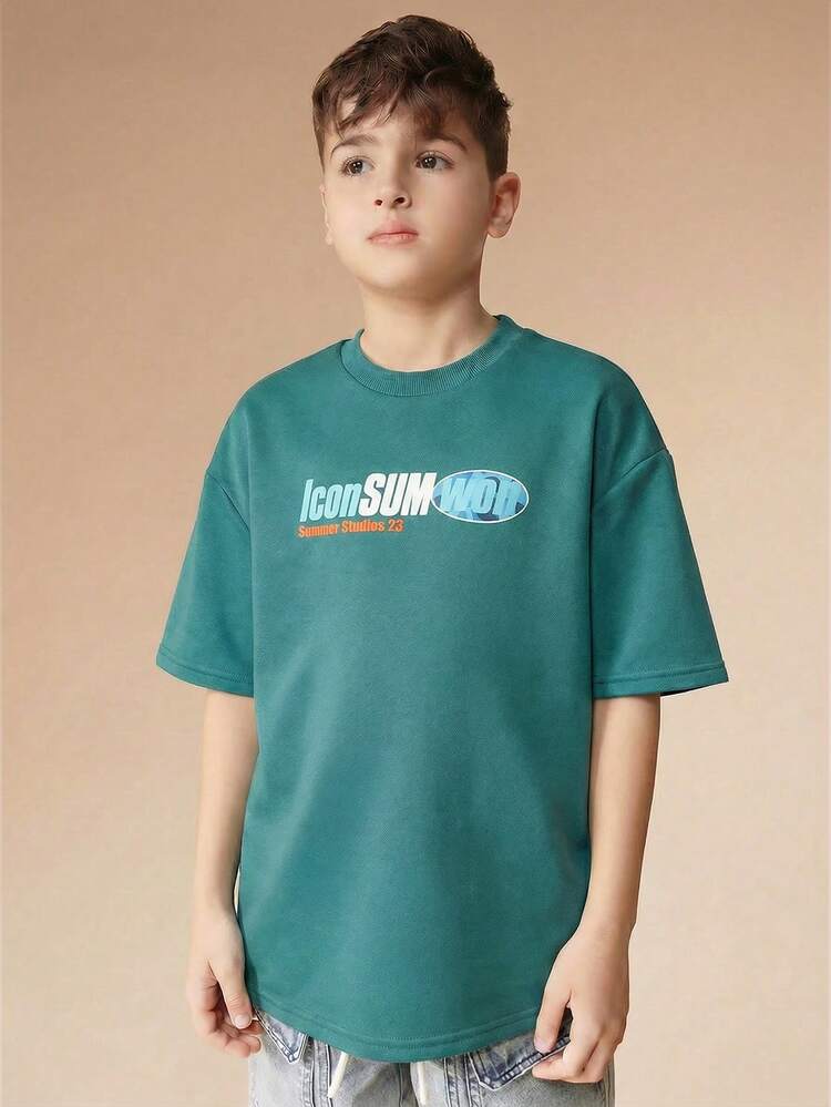 Jungen Teenager Türkisfarbenes Grafik-Muster ICON Rundhals Kurzarm Sommer Casual T-Shirt