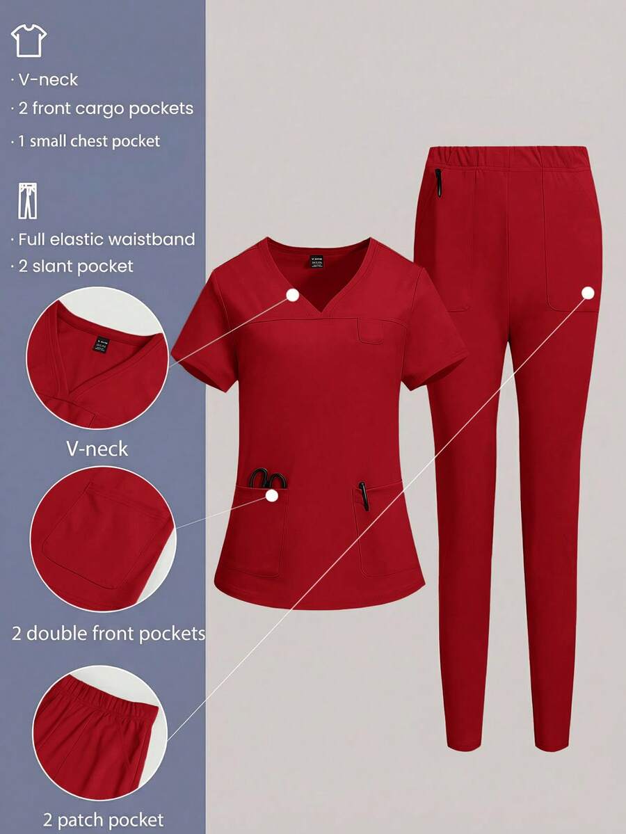 TaskEZ Solid Color V-Neck Short Sleeve Pocket Top And Pants Scrub Uniform Set - Red - View 1