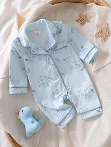 SHEIN Vintaside Kids 新生儿连脚睡衣，卡通恐龙印花图案，抽绳设计，面料柔软舒适 - 藍色 - 查看 3