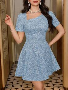 Modelyn Yellow Jacquard Design Waist Cinching Elegant Dress For Women, Suitable For Outings And Dates - Blue - View 3