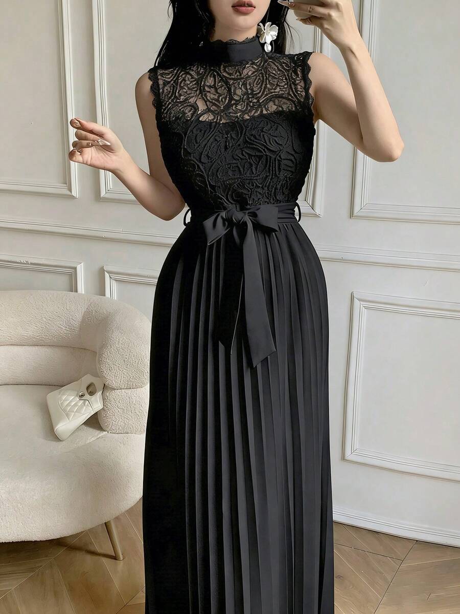 Celisse White Lace Patchwork Pleated Elegant Dress For Women - Black - View 1