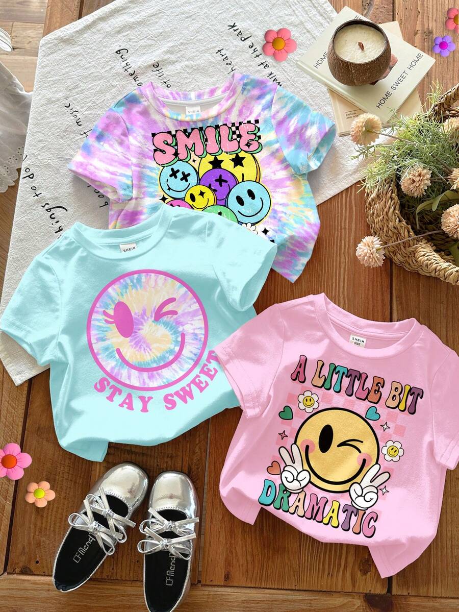 SHEIN 3件套 时尚个性人像系列 女婴休闲圆领短袖T恤，亮蓝色、亮粉色、扎染彩色，适合所有季节日常穿着，适合校园、郊游、街头、度假、返校节、春夏装扮 - 彩色 - 查看 1