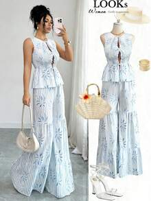 SHEIN Elenzya 系带蝴蝶结条纹印花吊带背心和裤子套装 - 藍白色 - 查看 1