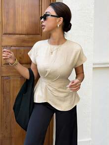 Siren Gaze Simple And Casual Three-Dimensional Cut Linen Short-Sleeved Fitted Top, Versatile Casual Shirt, Women's Office Wear. - Apricot - View 5