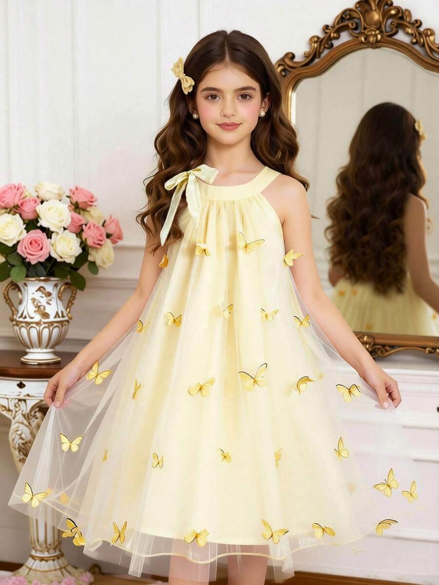 SHEIN Đầm hè thời trang mới 2026 chất liệu mềm mại, co giãn, không tay cổ yếm họa tiết hoa 3D cho bé gái, thích hợp cho tiệc tùng và kỳ nghỉ, đồ dùng cần thiết khi đi du lịch. - Màu vàng - Xem 1